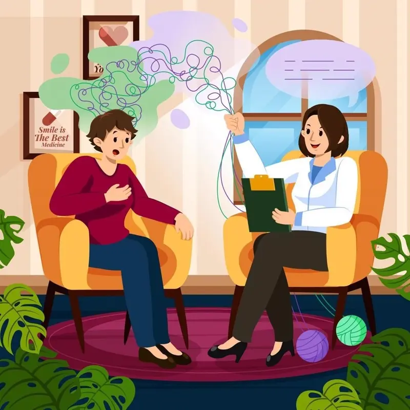 Adult sitting thoughtfully during a therapy session reflecting on personal journey