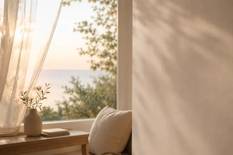 Cozy window with a warm sunset light view