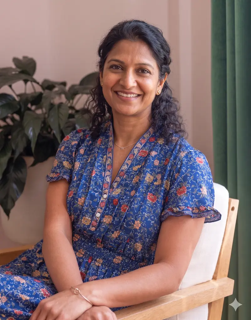 Monika Arora, Licensed Clinical Psychologist portrait in her Westchester office